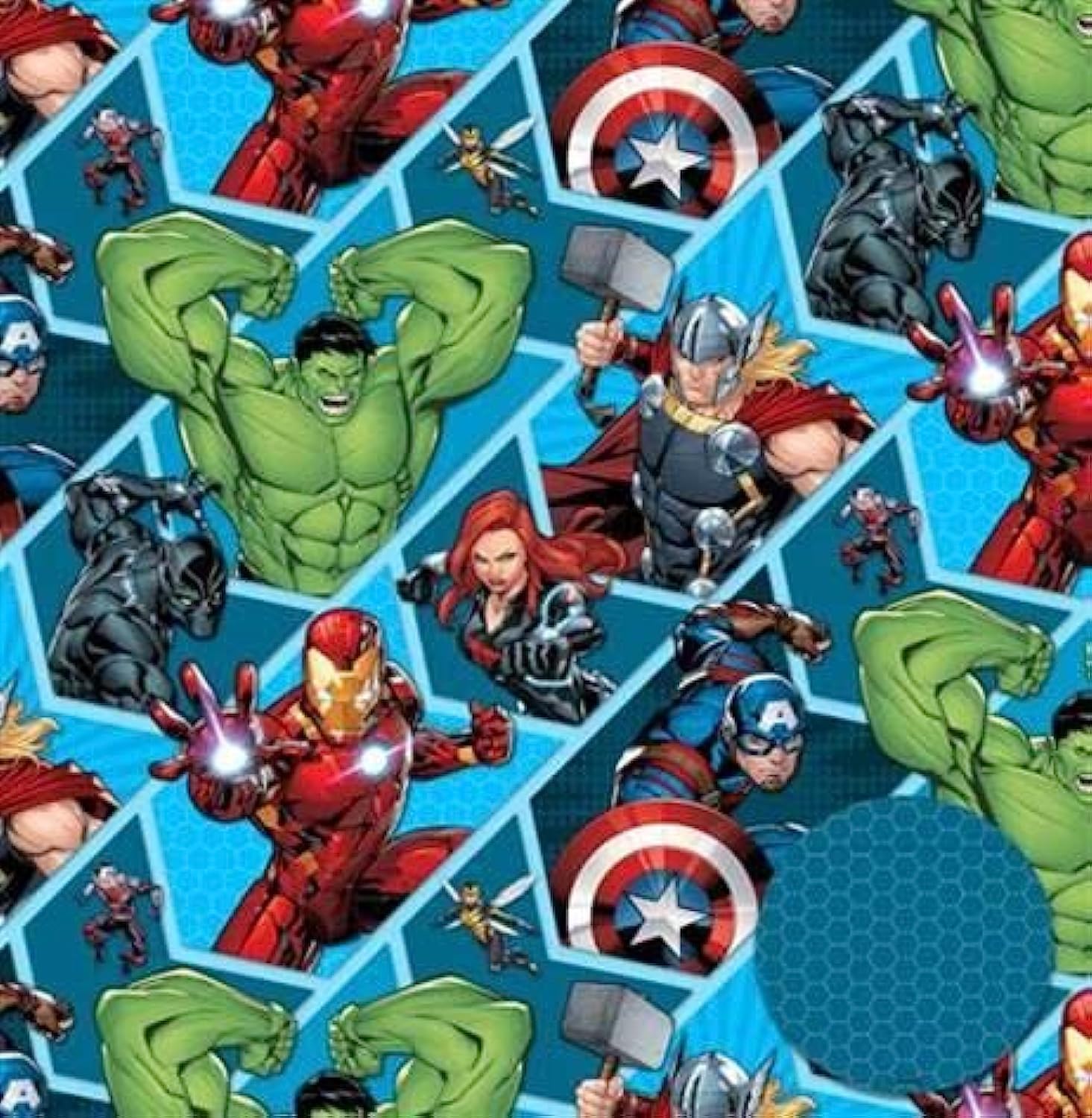 Hallmark Marvel Avengers wrapping paper with Marvel superhero designs, includes 2 sheets and 2 matching gift tags.