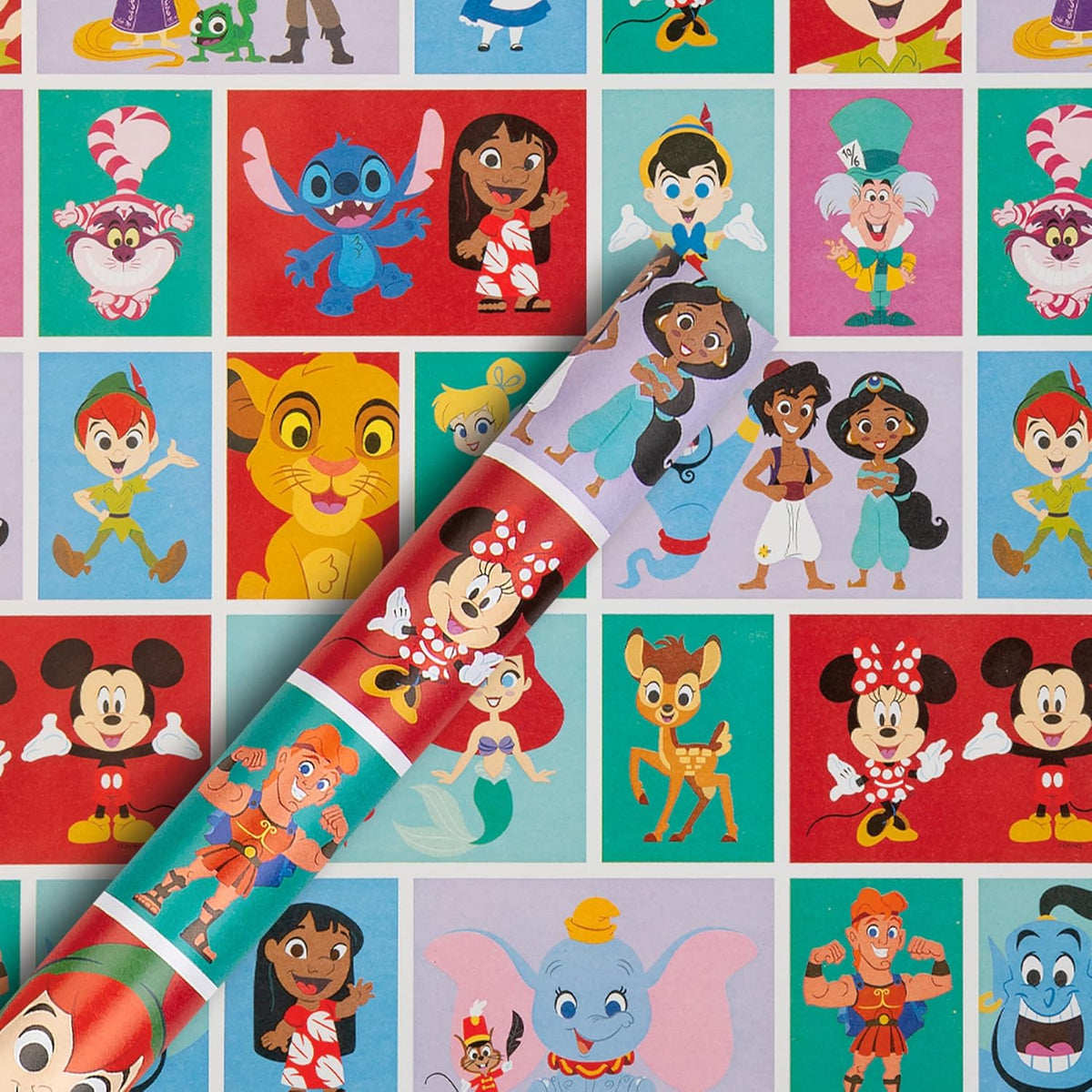 Hallmark Disney characters gift wrapping roll featuring colorful Disney-themed design, ideal for wrapping presents.