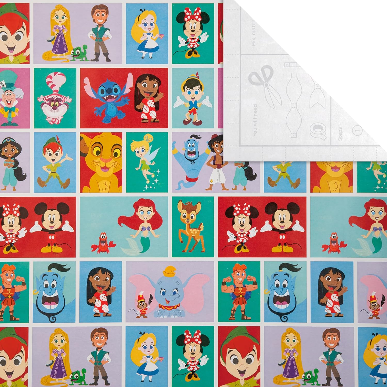 Hallmark Disney Characters gift wrap roll featuring colorful Disney character designs, 2 meters in length for gift wrapping.
