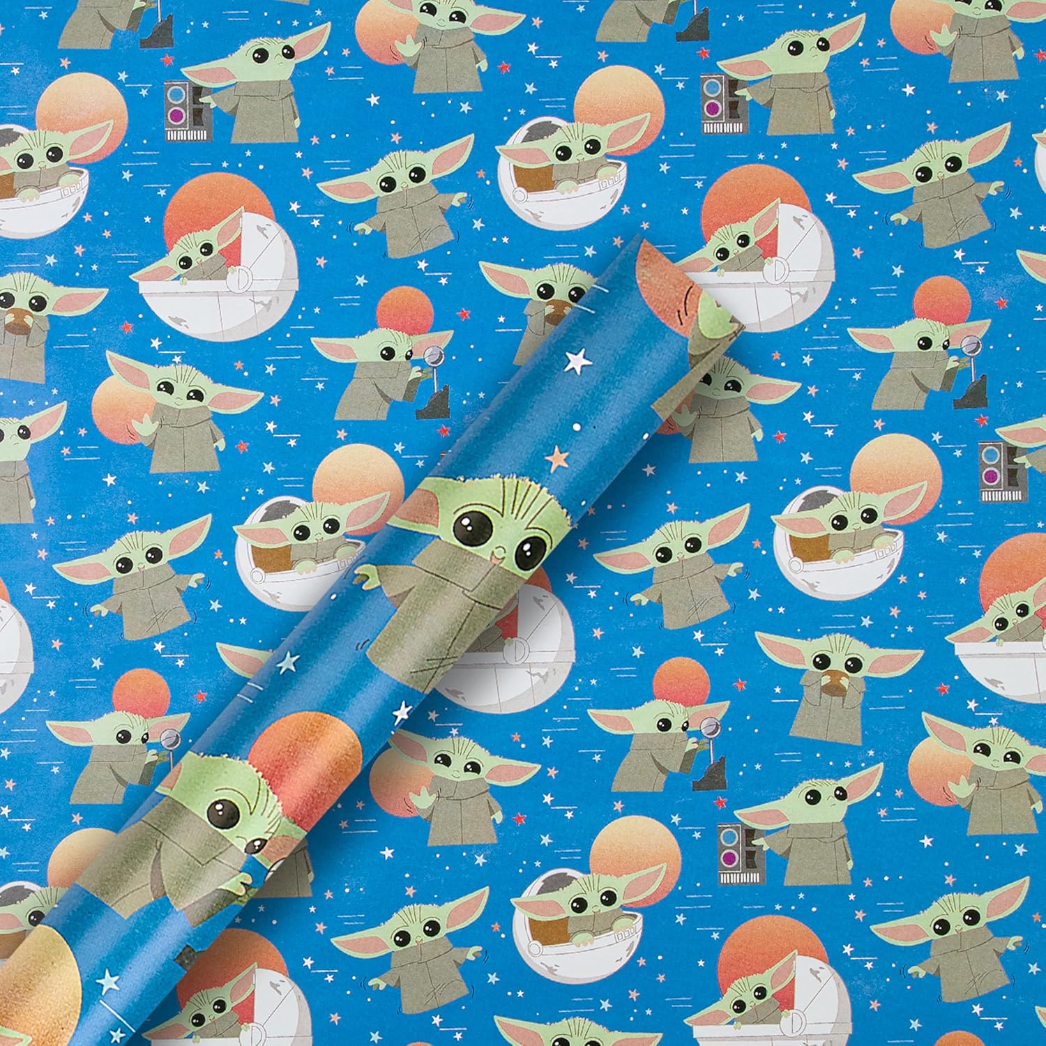 Hallmark Mandalorian Grogu gift wrap roll featuring Baby Yoda design, ideal for wrapping presents with a fun, space-themed pattern.