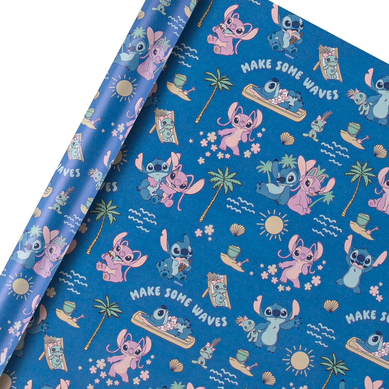 Hallmark Disney Lilo & Stitch gift wrap roll with colorful Lilo & Stitch designs on white background for wrapping presents.