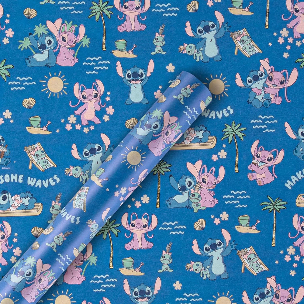 Hallmark Disney Lilo & Stitch gift wrap roll featuring colorful cartoon characters on a festive wrapping paper design.