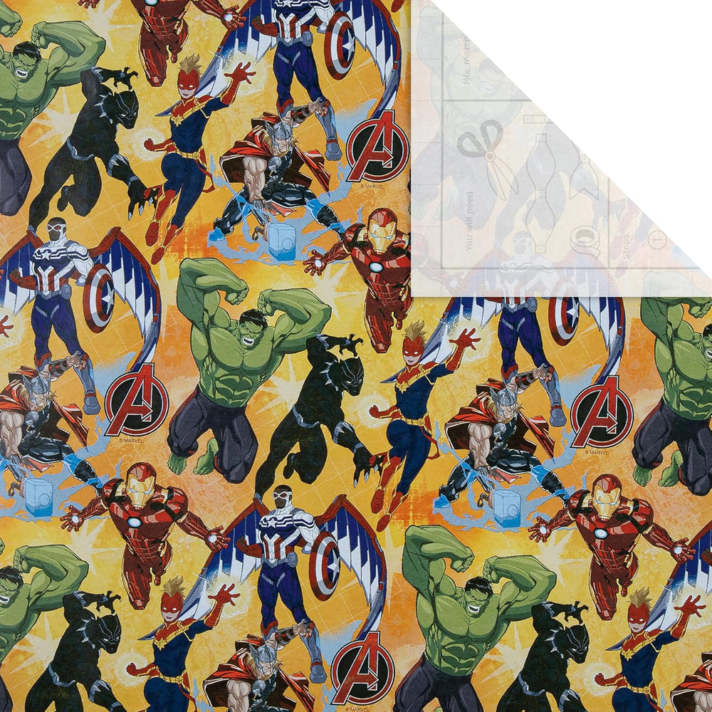Hallmark Marvel Avengers gift wrapping paper roll with Marvel character designs, 2 meters long, perfect for superhero-themed gift wrapping.