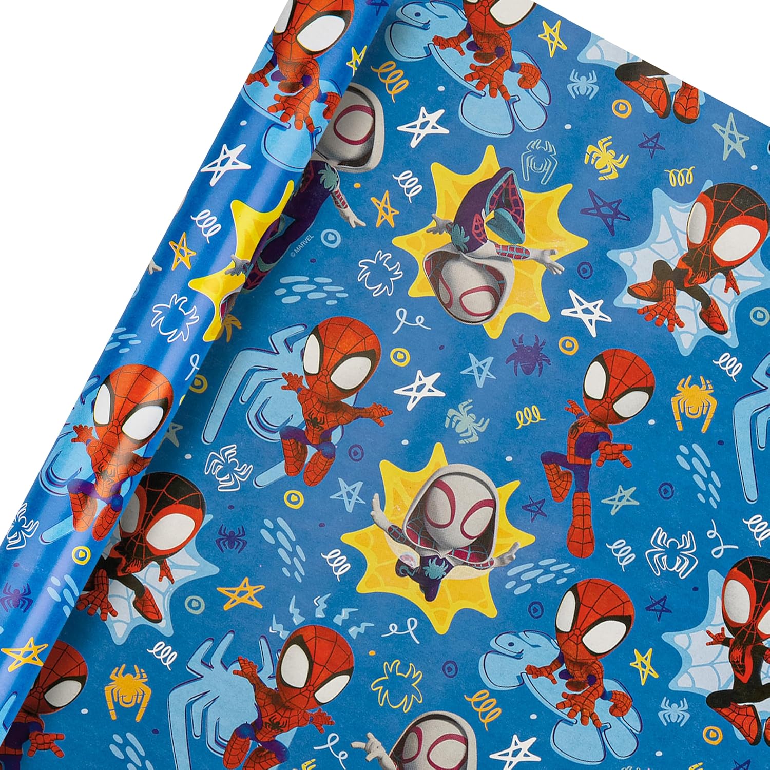 Hallmark Marvel Spidey Amazing Friends gift wrapping paper roll featuring Spider-Man and friends design on a 2-meter roll.