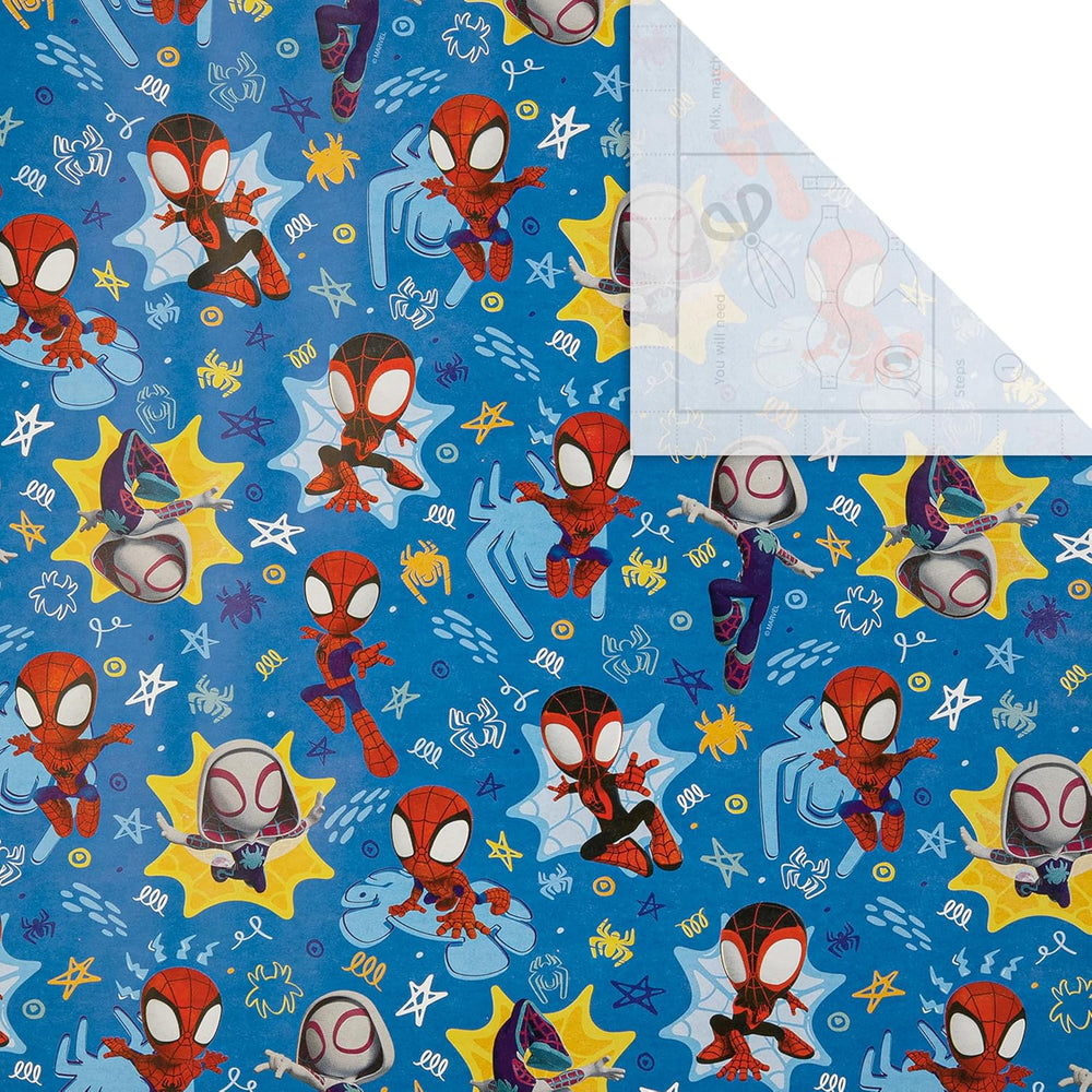 Hallmark Marvel Spidey Amazing Friends 2M wrapping paper roll with Spider-Man and friends design for gift wrapping.