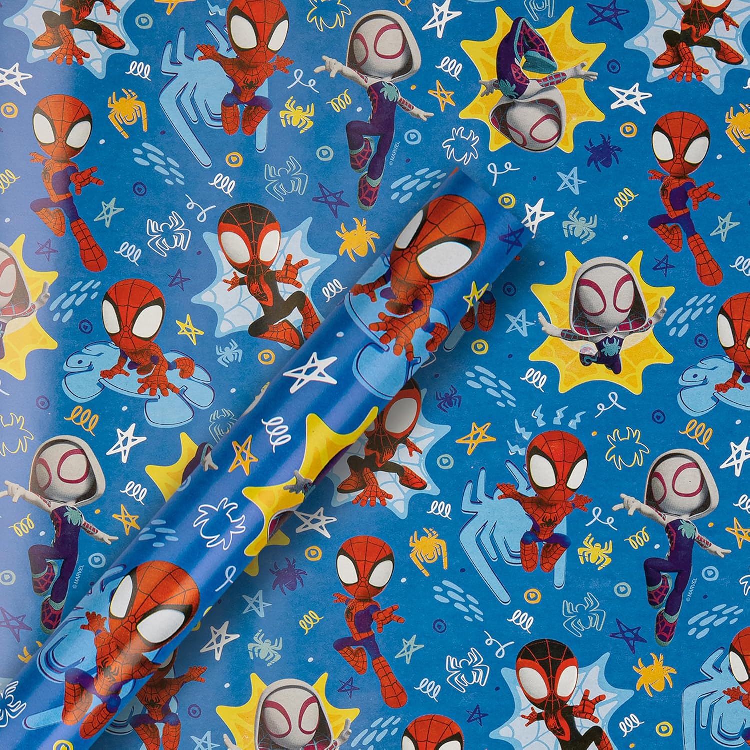 Hallmark Marvel Spidey Amazing Friends gift wrapping paper roll with Spider-Man and friends design, 2 meters long.