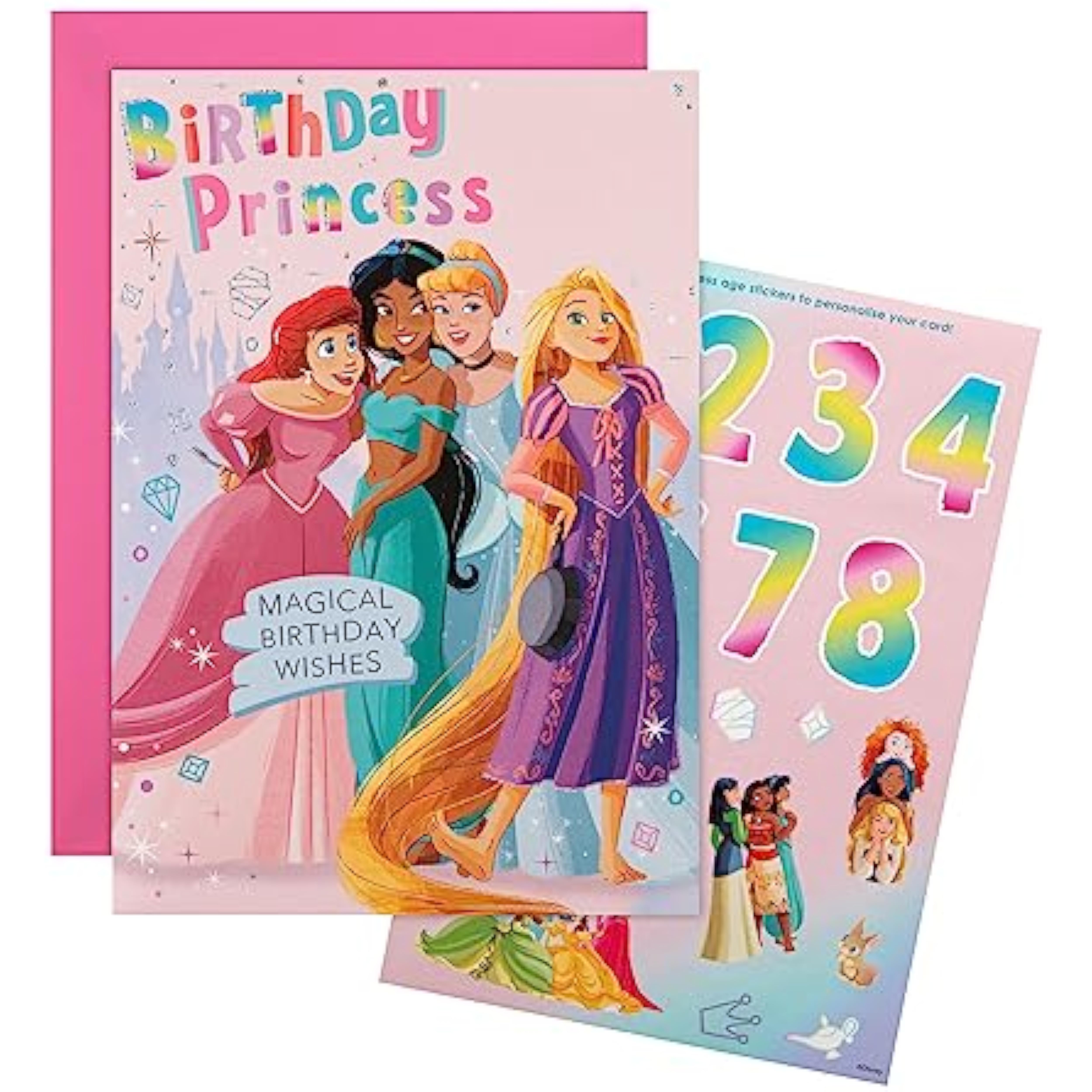 Hallmark Disney Princesses birthday greeting card with colorful princess design and sticker sheet for kids' activity.