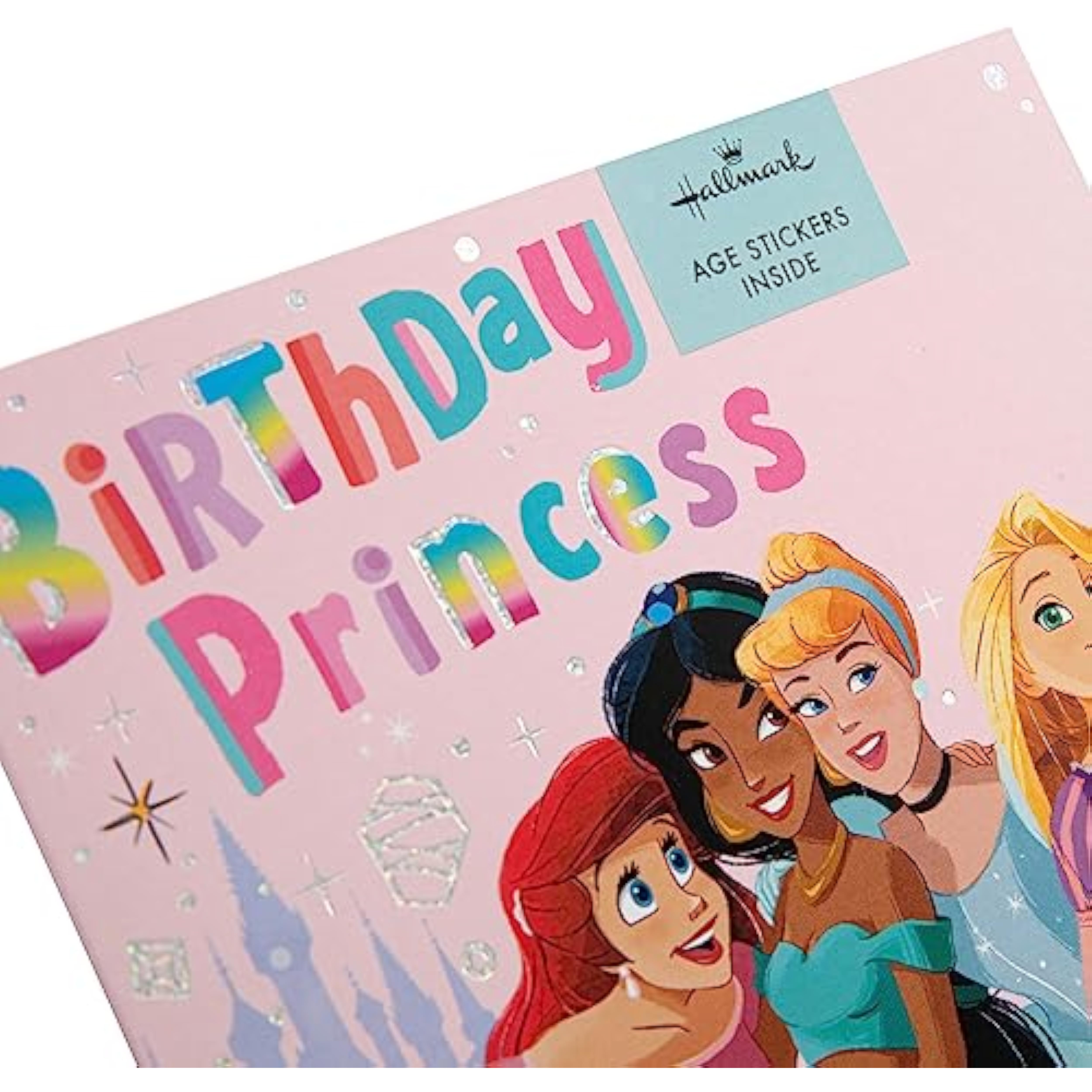 Hallmark Disney Princesses birthday greeting card with colorful design and included sticker sheet, perfect for celebrating kids' special day.