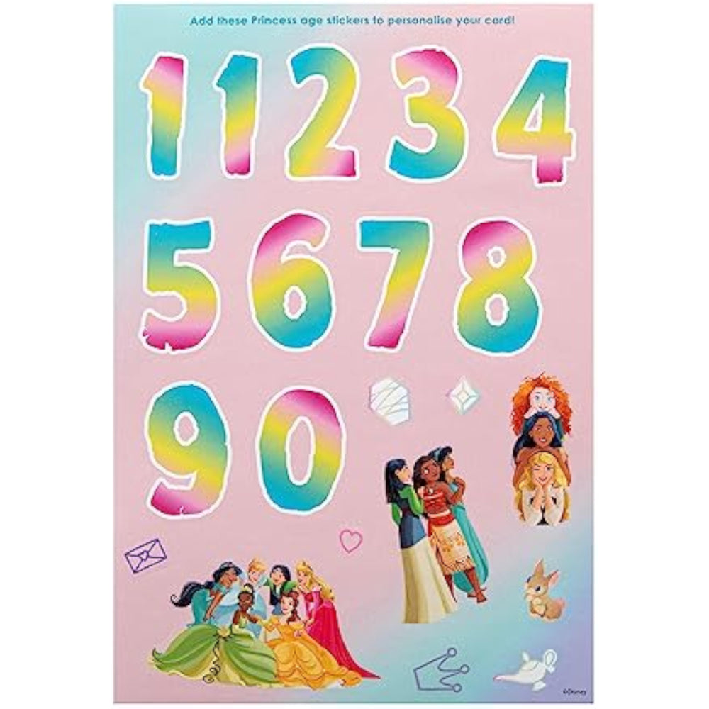 Hallmark Disney Princesses birthday greeting card with colorful princess design and sticker sheet for celebration.