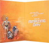 Hallmark Star Wars BB8 roll with the best birthday card, featuring BB8 droid design and colorful birthday greeting on a festive background.