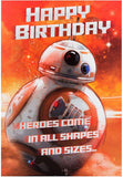 Hallmark Star Wars BB8 roll greeting card for birthdays, featuring BB8 droid design and colorful birthday-themed illustrations.