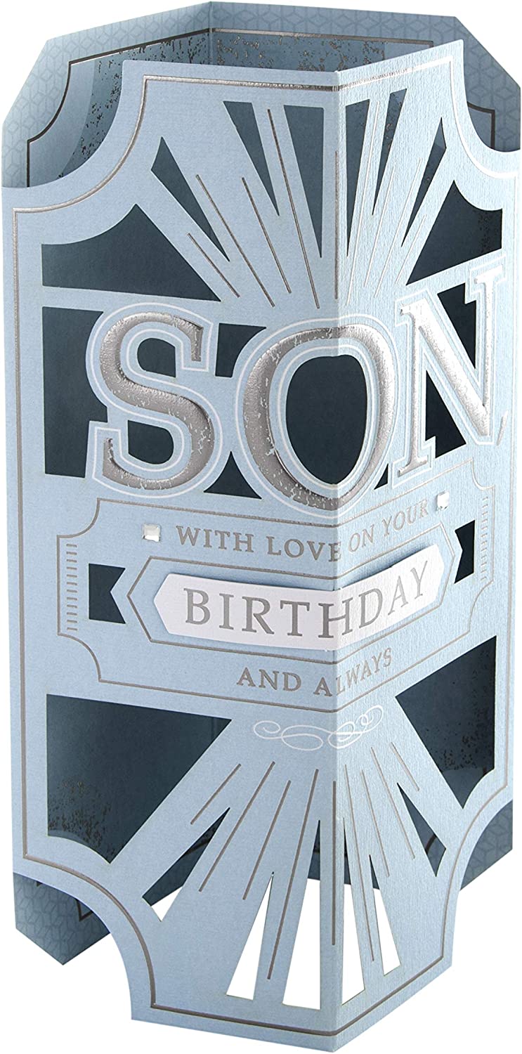Hallmark birthday greeting card for son with classic laser-cut 3D design, featuring intricate details and heartfelt message inside.