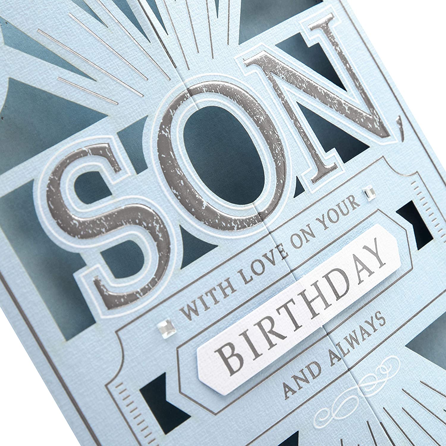 Hallmark birthday greeting card for son with a classic laser cut 3D design, featuring intricate details and vibrant colors.