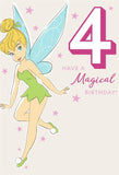 Hallmark Disney Tinkerbell 4th birthday greeting card with magical Tinkerbell design for a special birthday celebration.