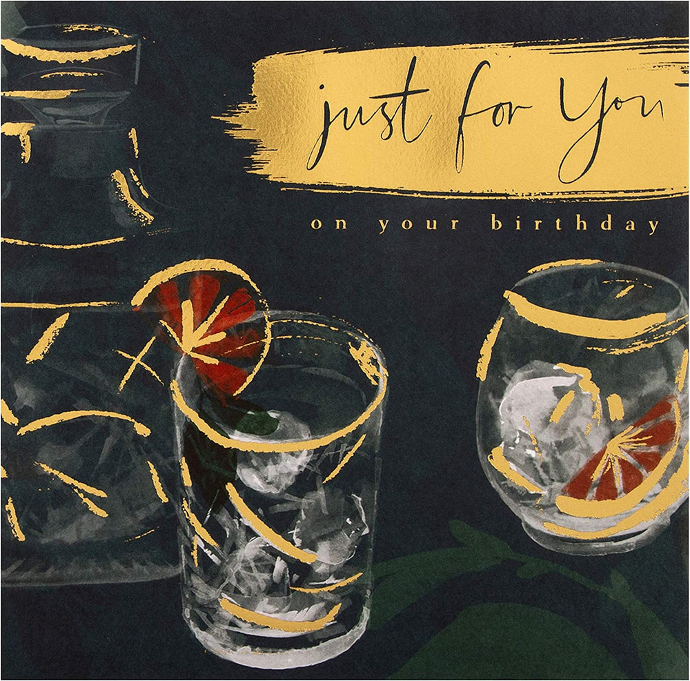 Hallmark greeting card with illustrated drinks design for birthdays, featuring colorful beverage images on the front.