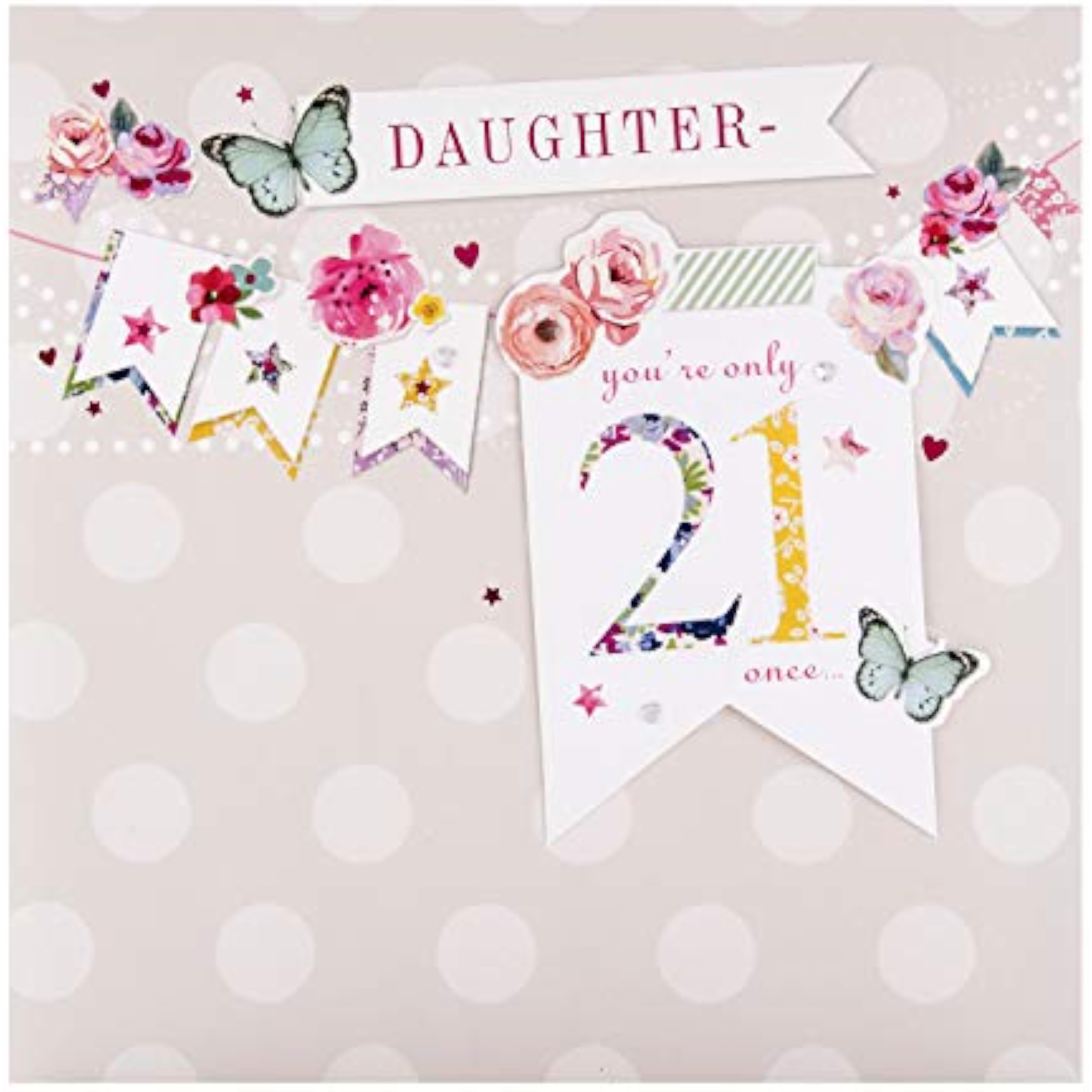 Hallmark 21st Daughter birthday greeting card with bunting design, colorful illustrations, perfect for celebrating her special day.