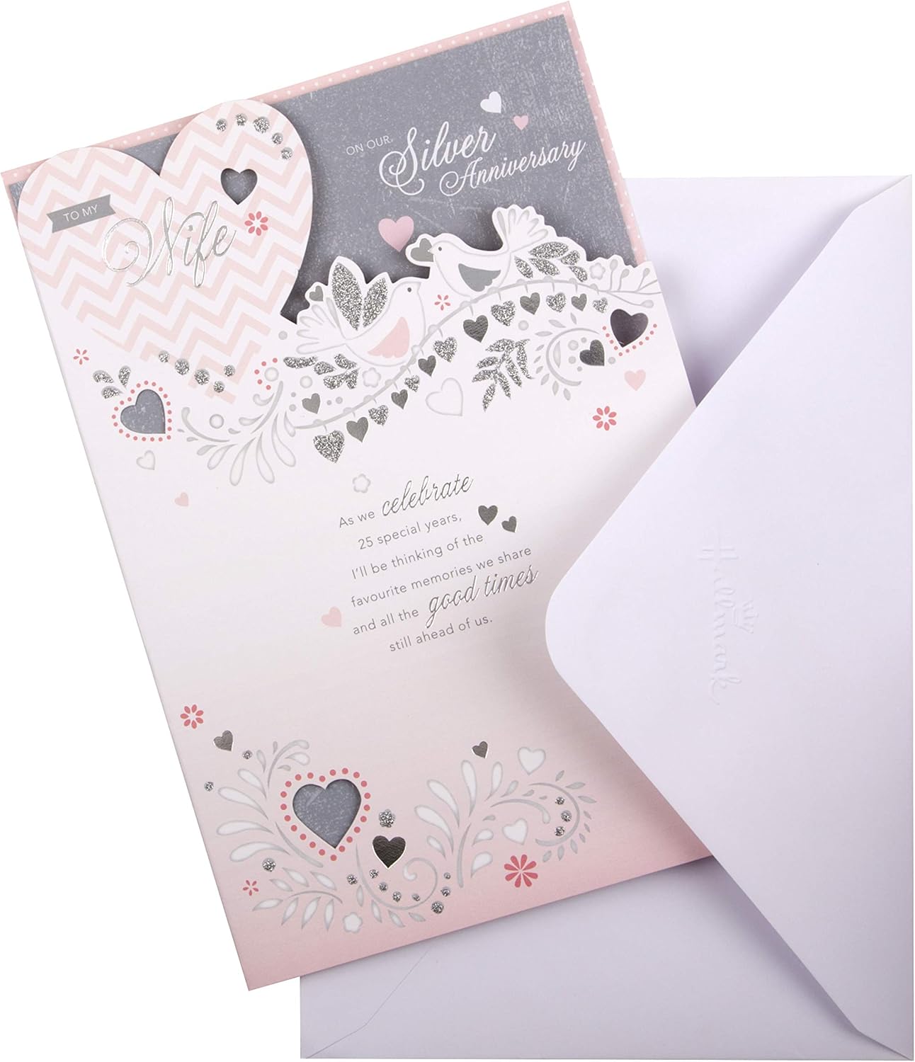 Hallmark 25th Silver Anniversary greeting card with glitter finish and heartfelt message, ideal for celebrating a special wife.