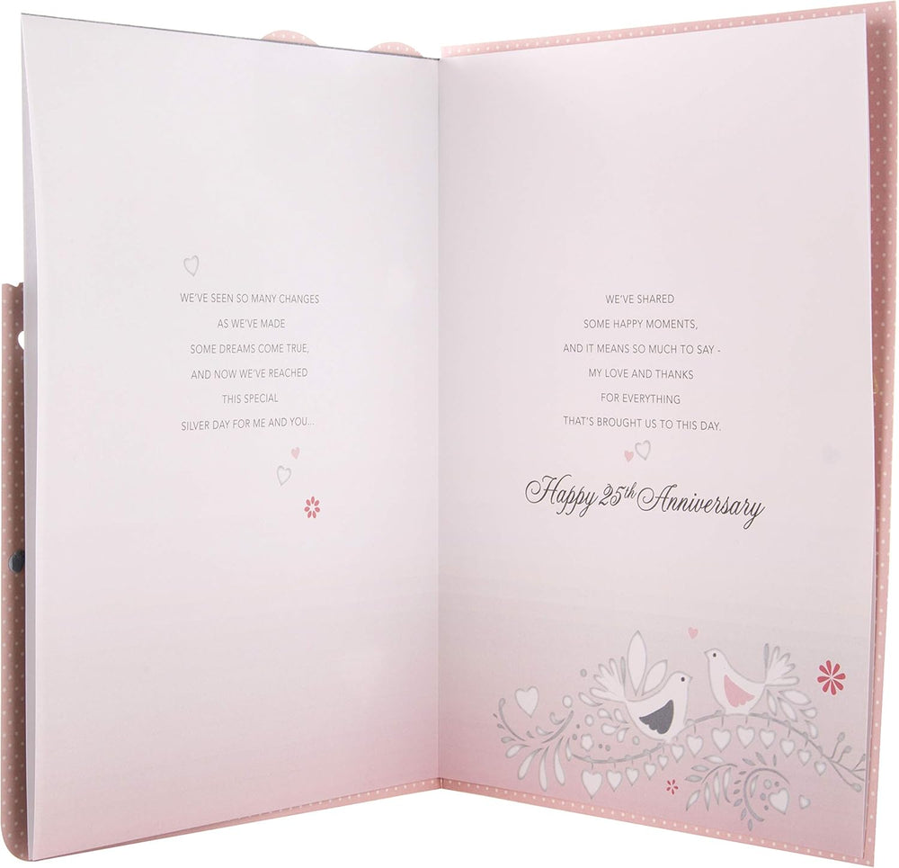 Hallmark 25th anniversary greeting card with silver glitter finish, featuring elegant design for celebrating a wife’s special occasion.