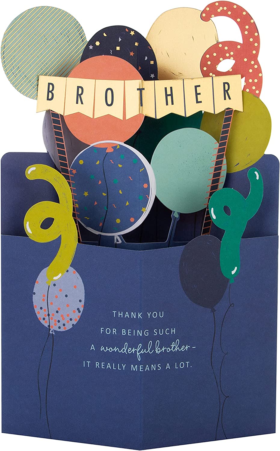 Hallmark 3D birthday greeting card for brother with colorful balloons and bunting design, featuring vibrant festive details.