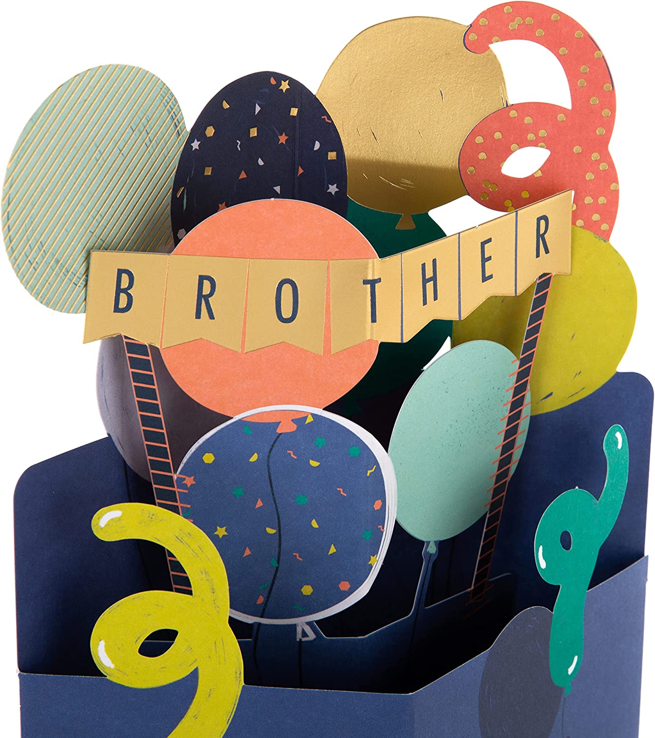 Hallmark 3D birthday greeting card for brother with colorful balloons and bunting design, featuring vibrant, festive imagery.