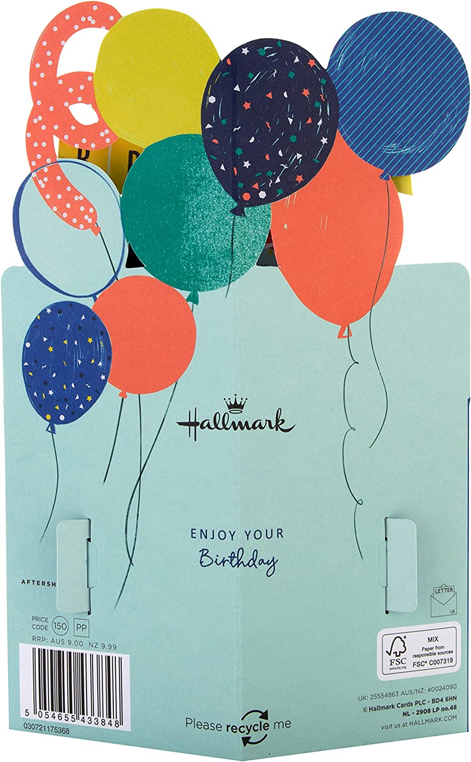 Hallmark 3D birthday greeting card for brother featuring colorful balloons and bunting design, with vibrant festive decorations.
