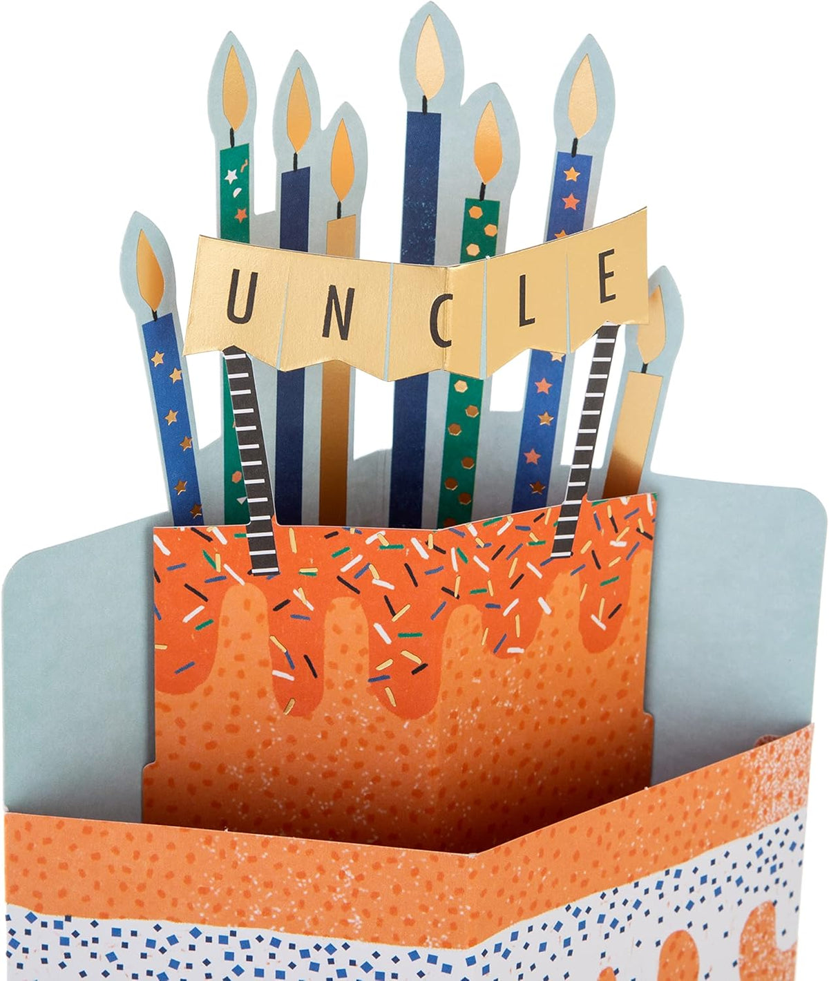 Hallmark 3D birthday card with cake and candles design for Uncle, featuring colorful illustrations and decorative elements.