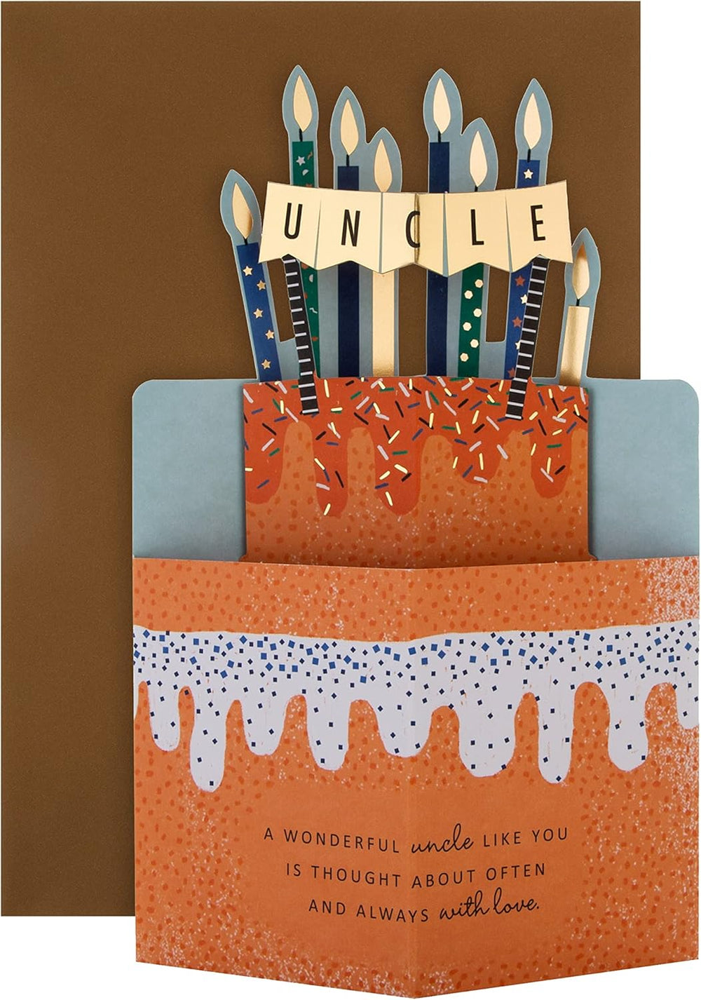 Hallmark 3D cake and candles design Uncle birthday greeting card with colorful birthday cake illustration and festive details