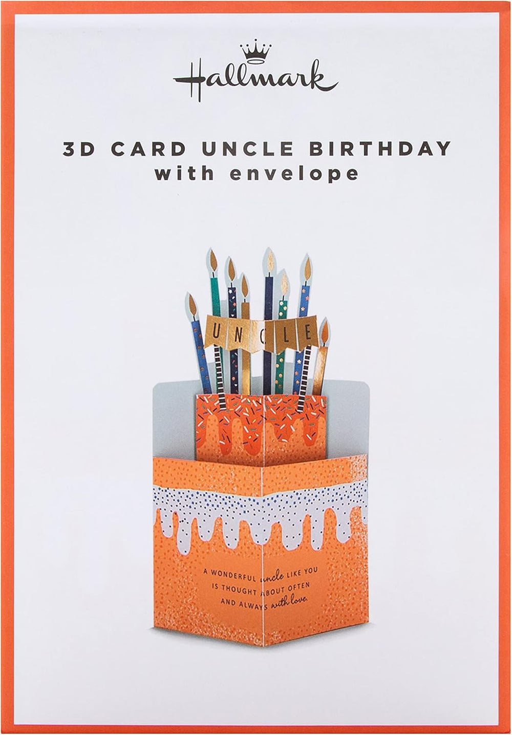 Hallmark 3D Uncle birthday card with cake and candles design, featuring colorful illustrations and detailed craftsmanship.