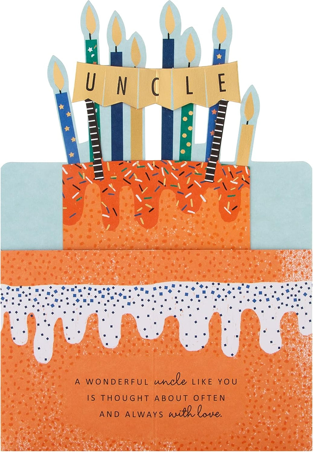 Hallmark 3D cake and candles birthday card featuring Uncle design, with colorful illustrations and festive details.