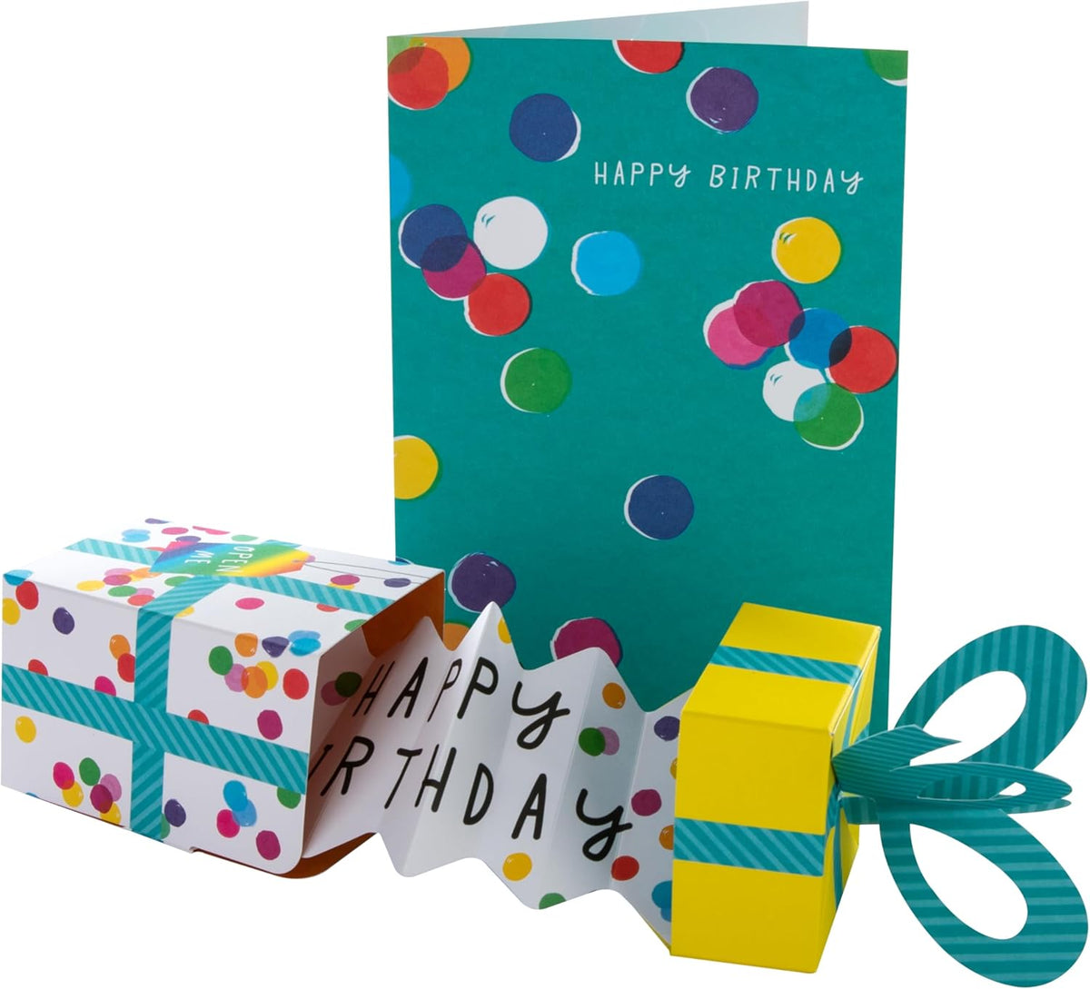 Hallmark 3D pop-up birthday card featuring a colorful gift box design, perfect for celebrating special occasions.