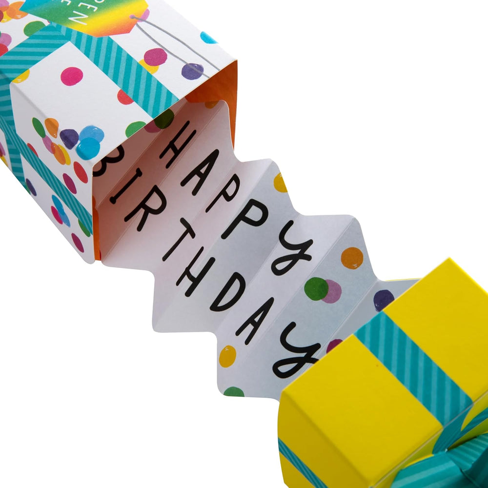 Hallmark 3D pop-up birthday greeting card with colorful, intricate gift box design and festive details inside.