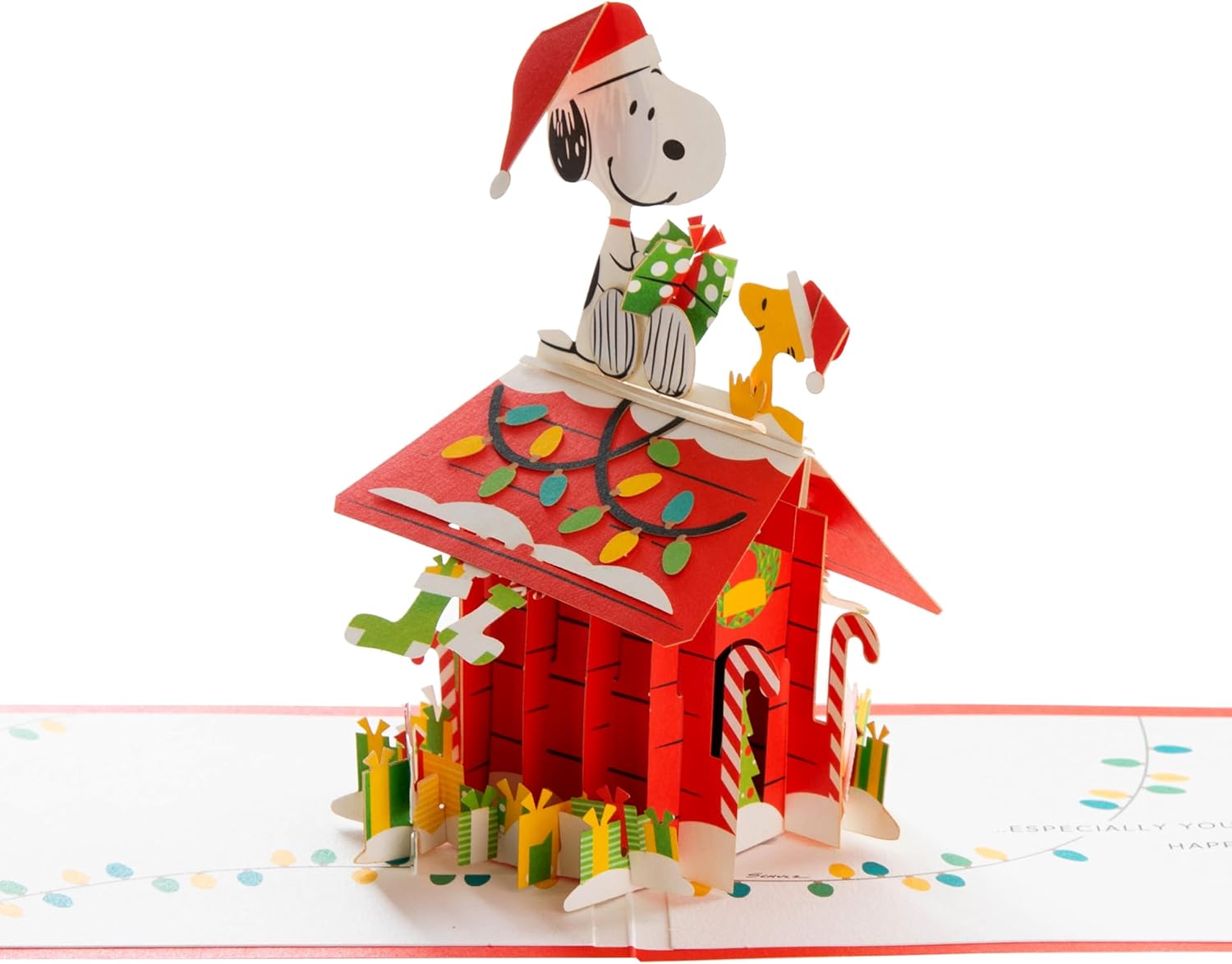 Hallmark 3D pop-up Christmas card featuring Snoopy and Woodstock from Peanuts for festive holiday greetings.