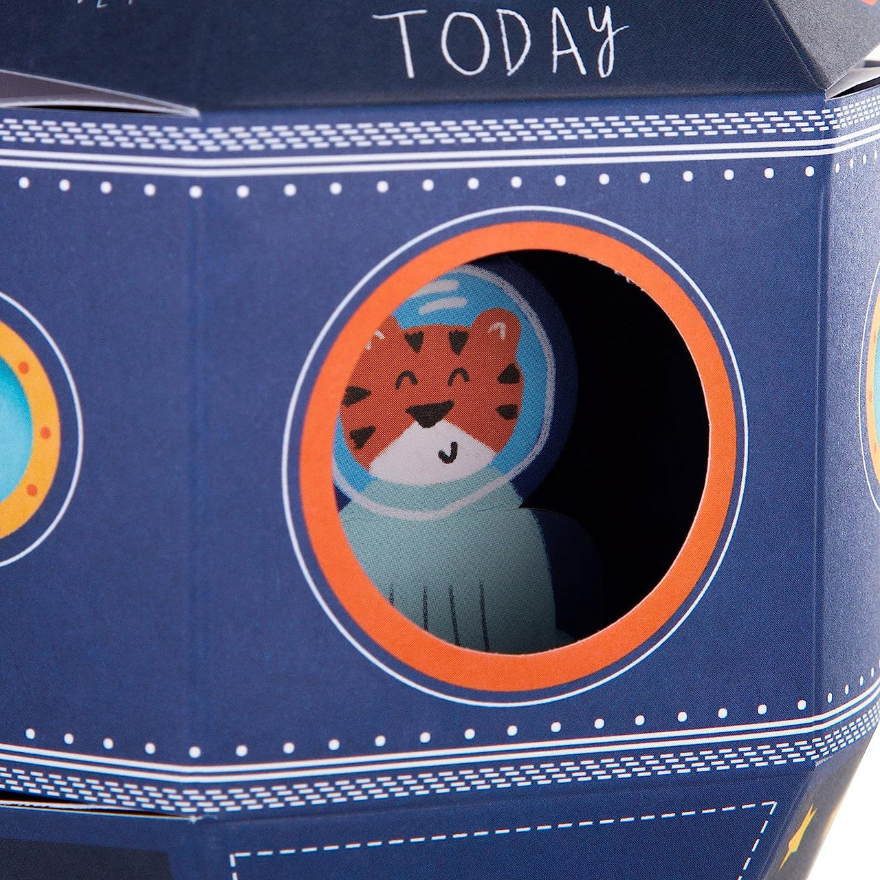 Hallmark 3rd birthday greeting card for son with 3D pop-up rocket design and colorful space-themed artwork.