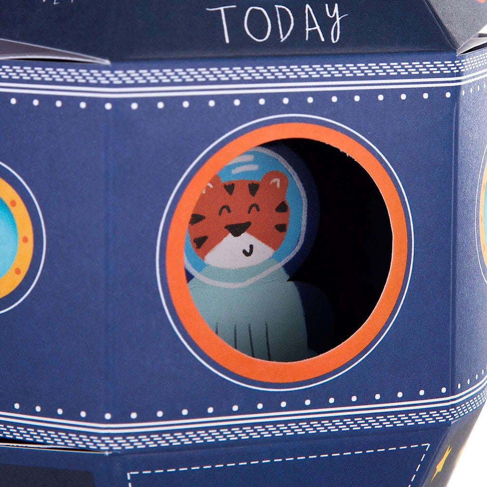 Hallmark 3rd birthday greeting card for son with 3D pop-up rocket design and colorful space-themed artwork.