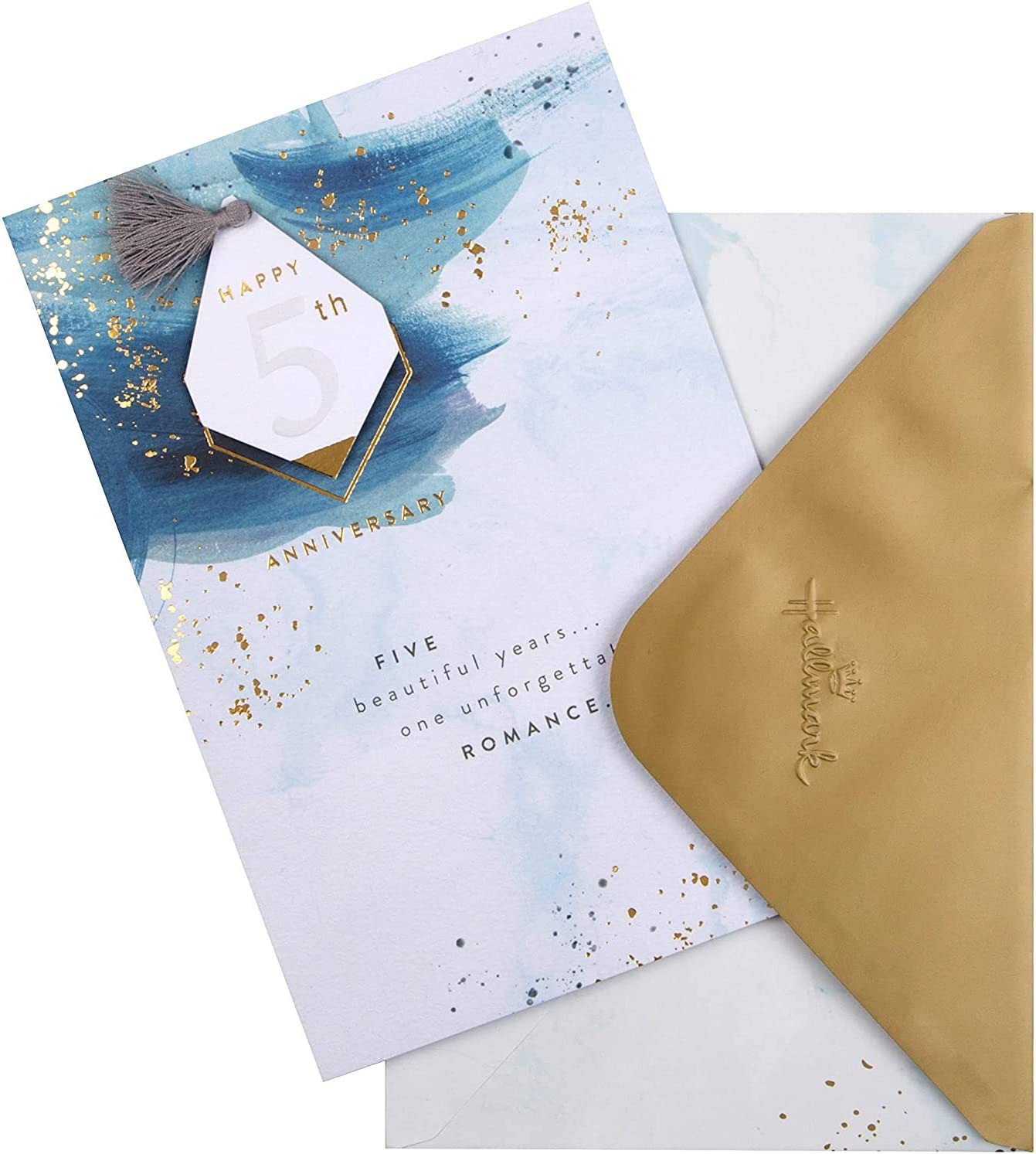 Hallmark 5th wedding anniversary greeting card with a 3D tag design, featuring elegant artwork and heartfelt message inside.