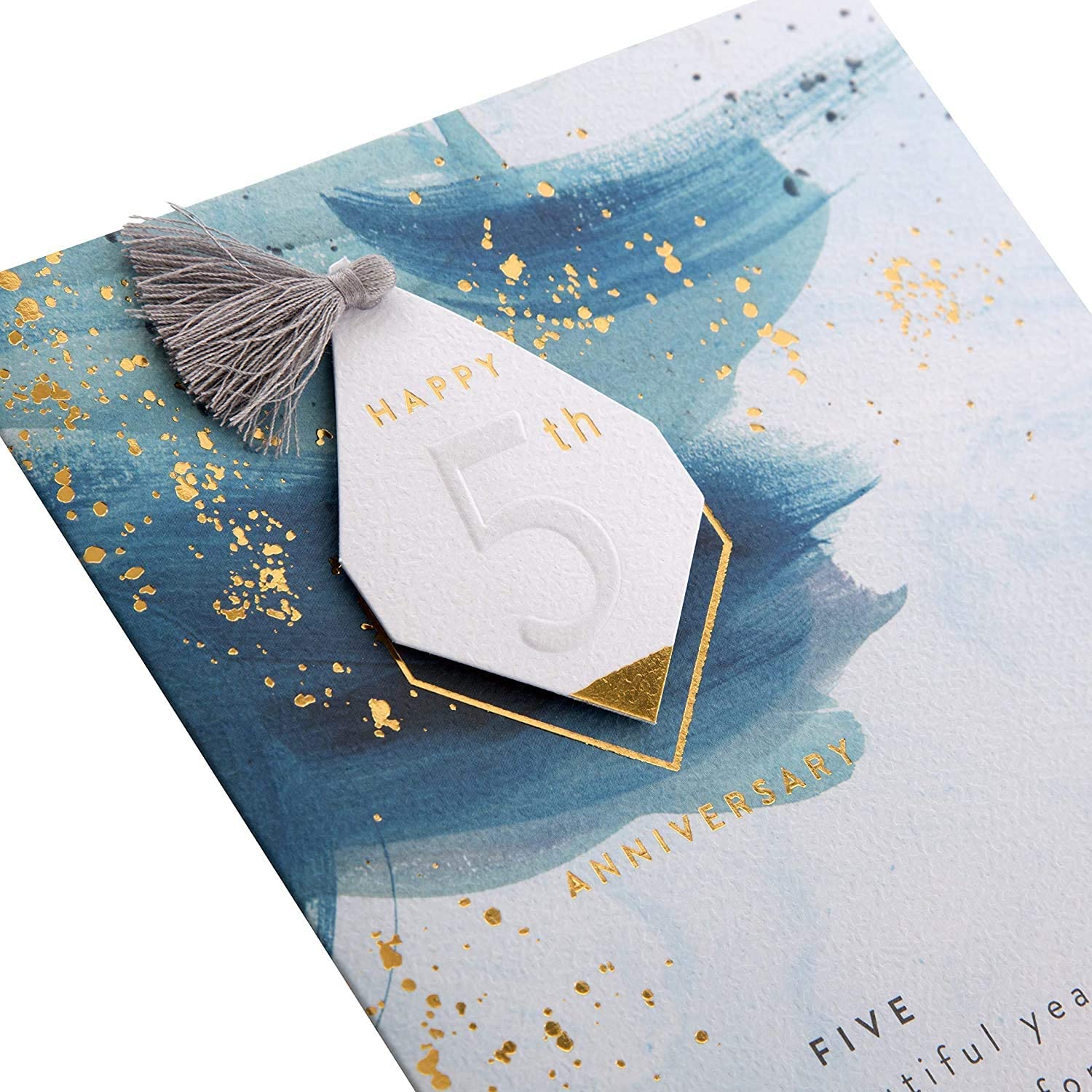 Hallmark 5th wedding anniversary greeting card with a 3D tag design, featuring elegant artwork and heartfelt message inside.
