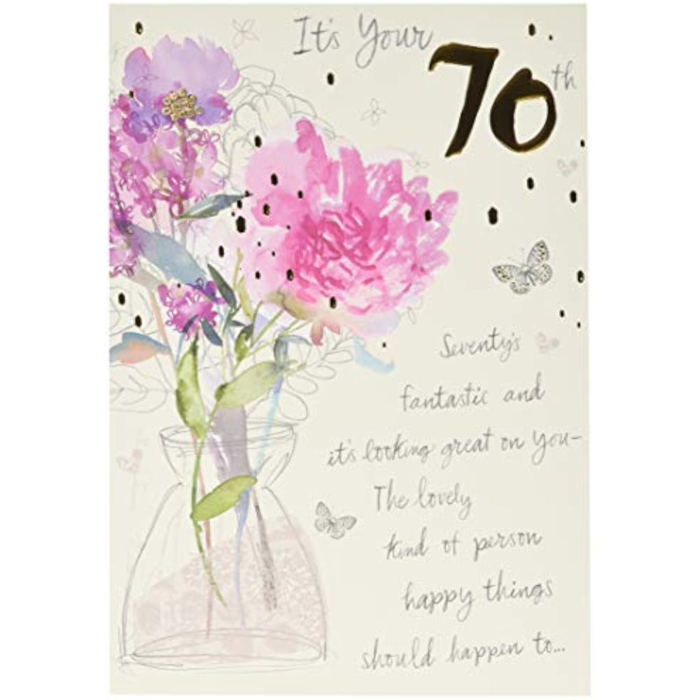 Hallmark 70th birthday greeting card with a classic embossed floral design, featuring elegant floral patterns and festive accents.