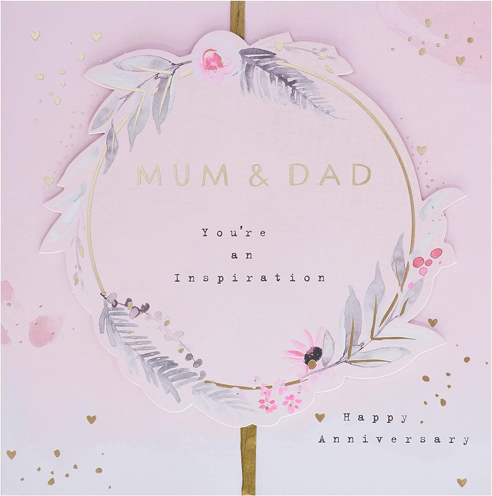 Hallmark anniversary greeting card for Mum and Dad with contemporary floral text design on the front.