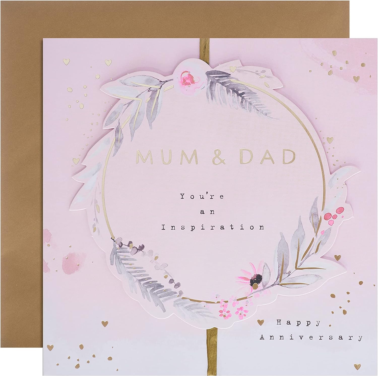 Hallmark anniversary greeting card for mum and dad with contemporary floral text design, featuring elegant floral artwork on the front.