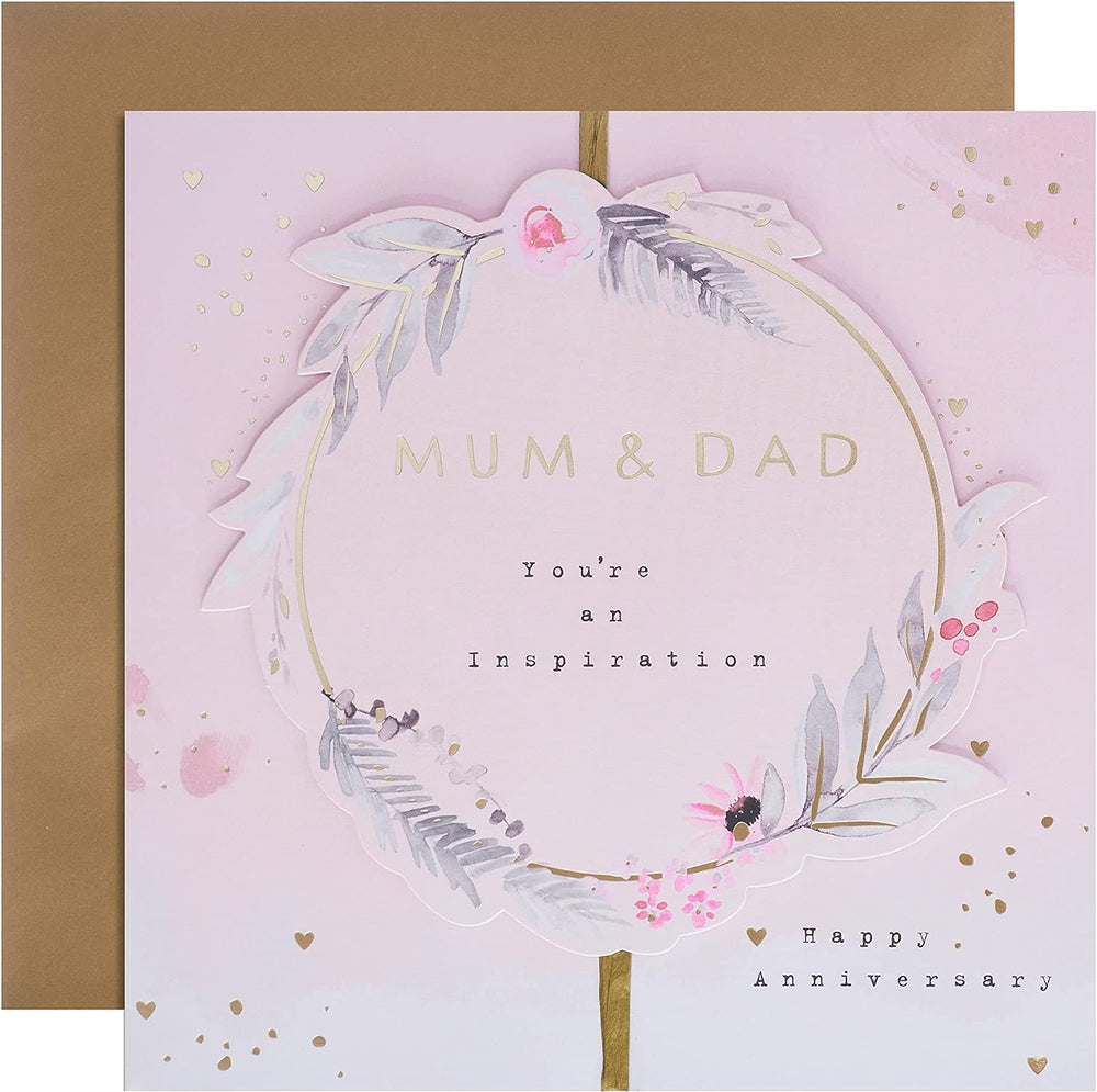 Hallmark anniversary greeting card for mum and dad with contemporary floral text design, featuring elegant floral artwork on the front.