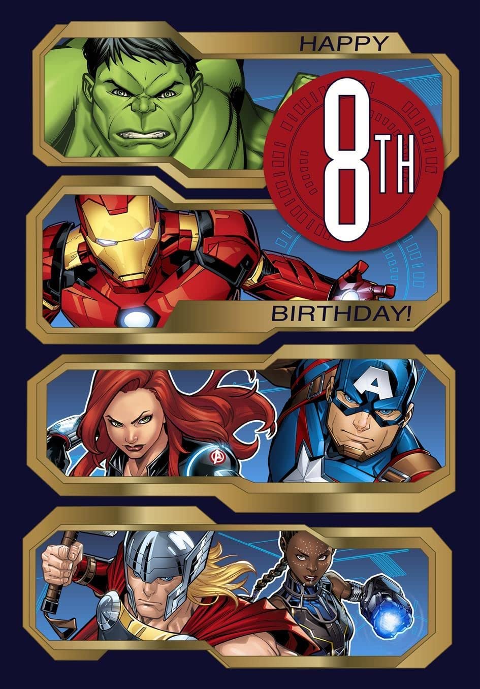 Hallmark Avengers 8th birthday greeting card featuring superhero characters and colorful birthday design.