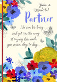Hallmark floral greeting card with "You're a Wonderful Partner" message, featuring colorful floral design and elegant script.
