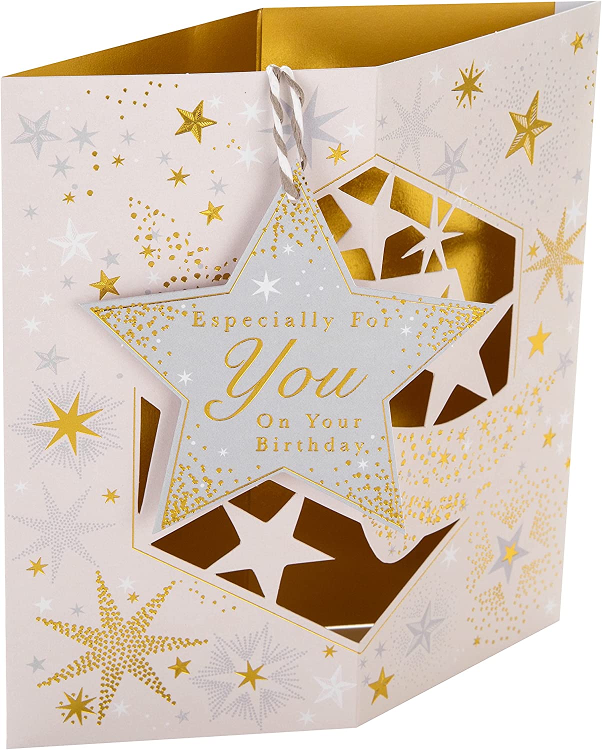 Hallmark birthday greeting card featuring a 3D design with a hanging star attachment and colorful decorative elements.