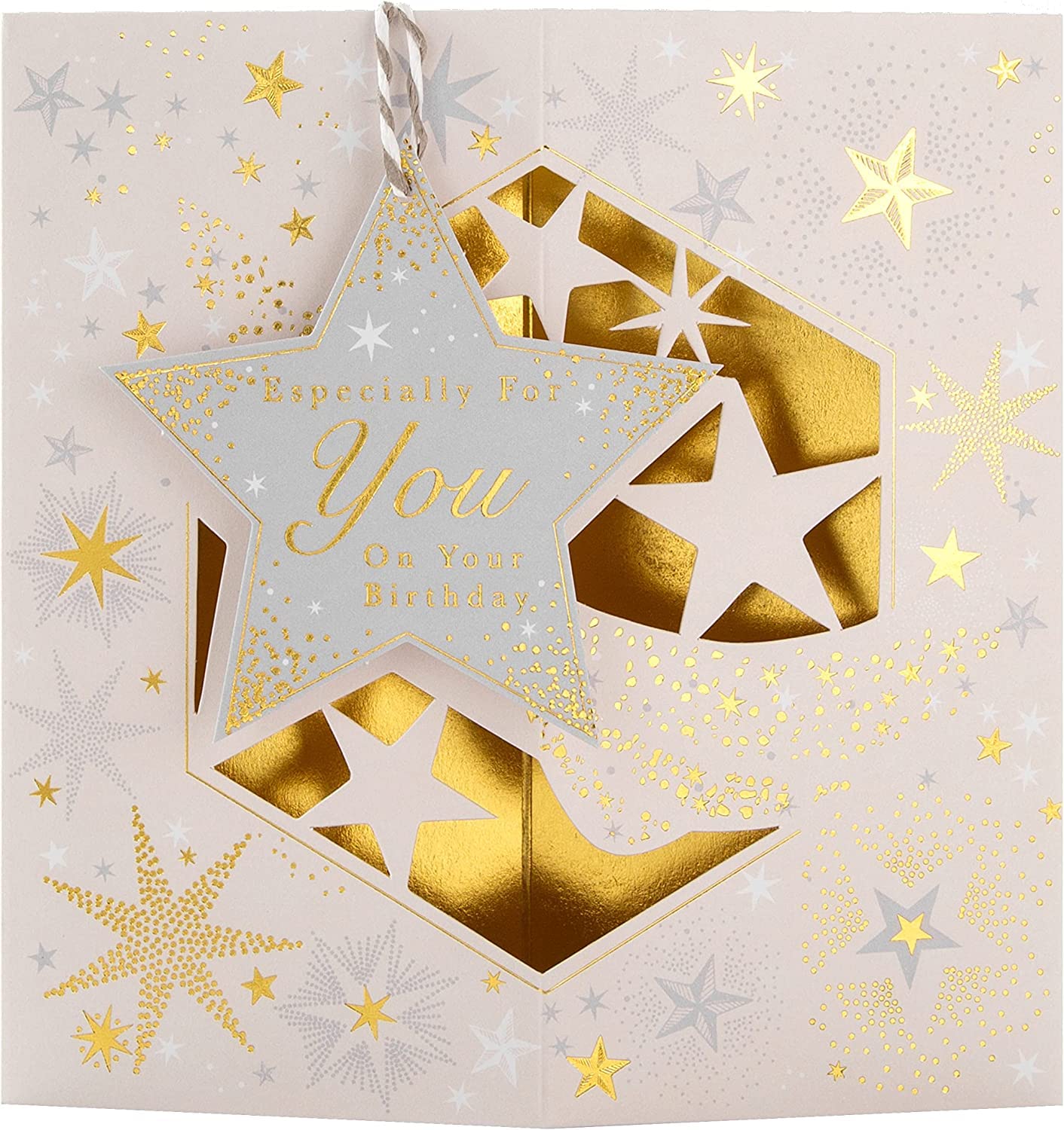 Hallmark birthday greeting card featuring a 3D design with a hanging star attachment, perfect for celebrating special occasions.