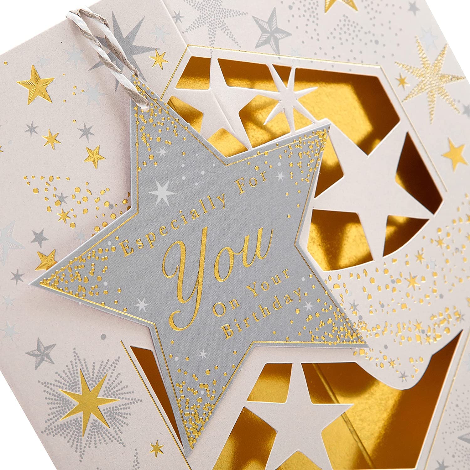 Hallmark birthday greeting card featuring a 3D design with a hanging star attachment, decorative and suitable for celebrations.