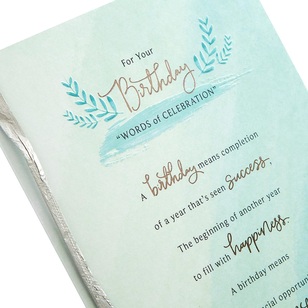 Hallmark birthday greeting card with classic text design and heartfelt verse, featuring elegant lettering and festive imagery.