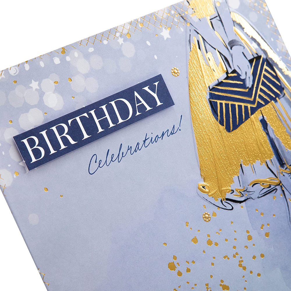 Hallmark birthday greeting card with contemporary illustrated fashion design featuring stylish clothing and modern artwork.