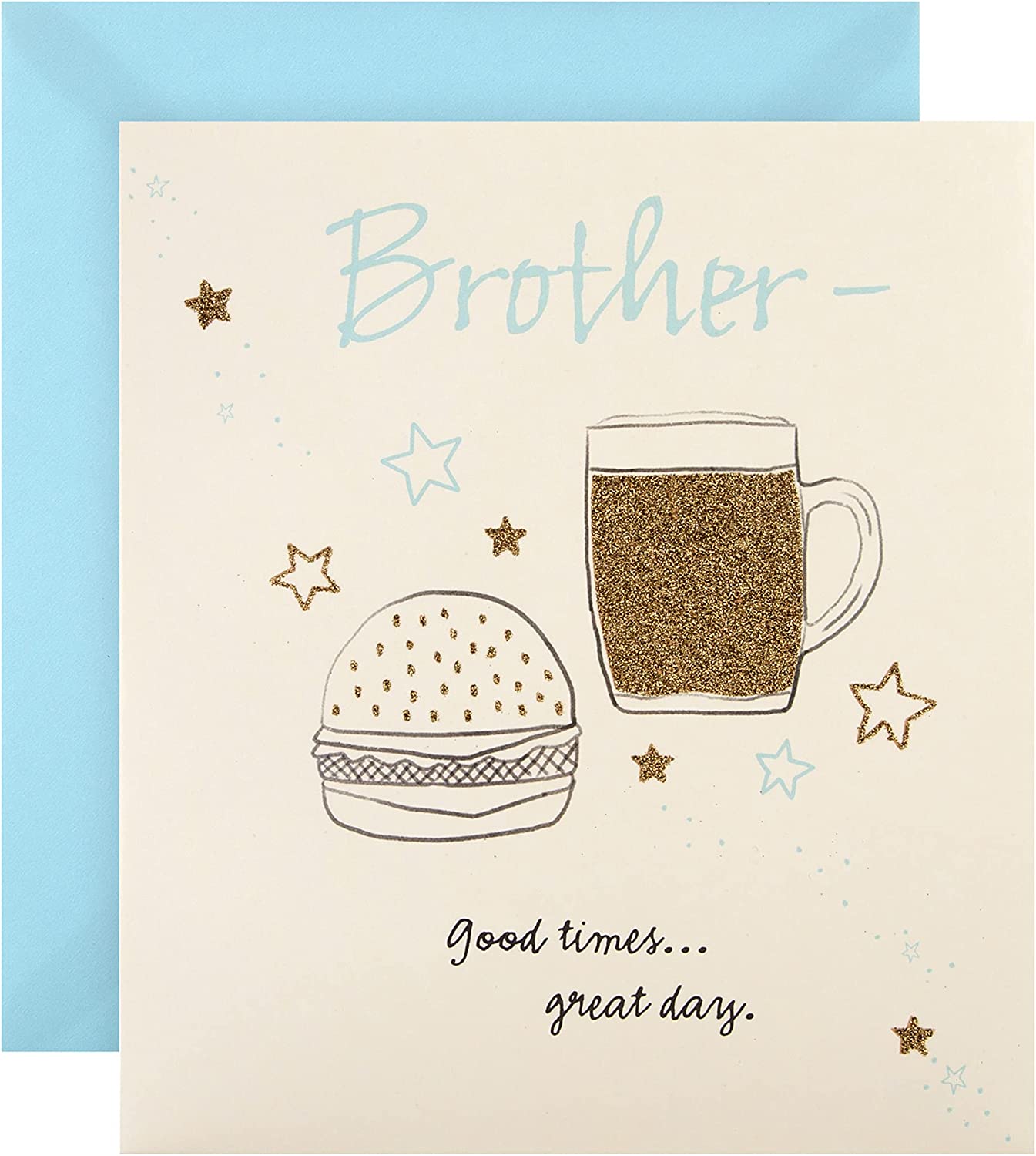 Hallmark birthday greeting card for brother with glitter embellishments, featuring beer and burger design on the front.