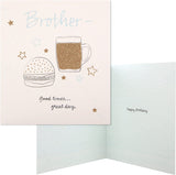 Hallmark birthday greeting card for brother featuring a glittered beer and burger design, perfect for celebrating special occasions.