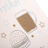 Hallmark birthday greeting card for brother with glitter embellishments featuring a beer and burger design.